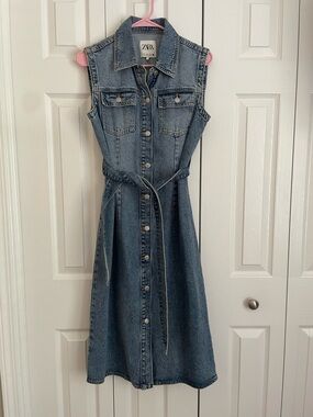 Zara Light Blue Denim Button-Front Midi Dress